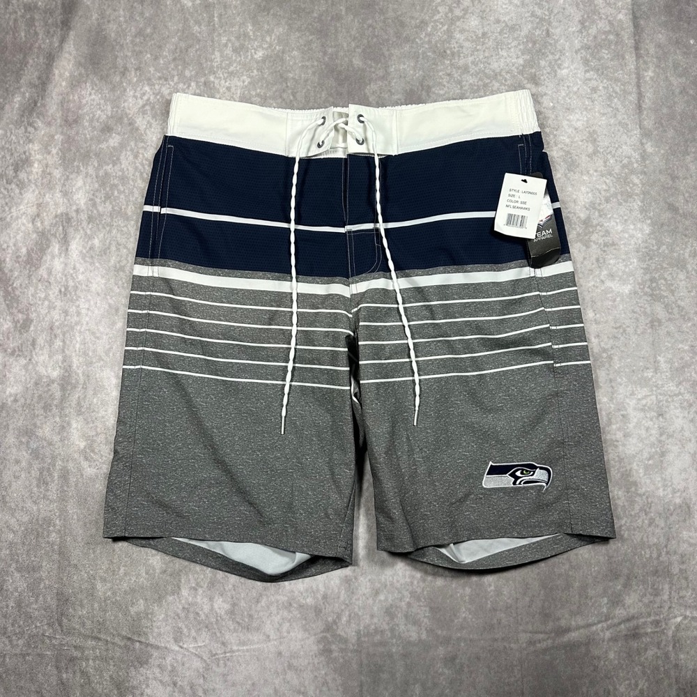 NFL Seattle Seahawks Mens Board Shorts Blue Gray Striped Swim Trunks Large NEW